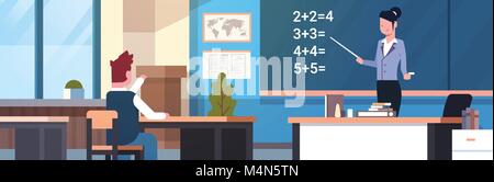 Scuola matematica lezione insegnante femmina con pupilla Boy in Aula Banner orizzontale Illustrazione Vettoriale