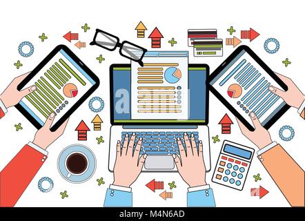 Workplace Desk Top View, finanziaria dei dati aziendali su schemi e documenti, imprenditori mani usando compresse digitale e computer portatile funzionante Illustrazione Vettoriale