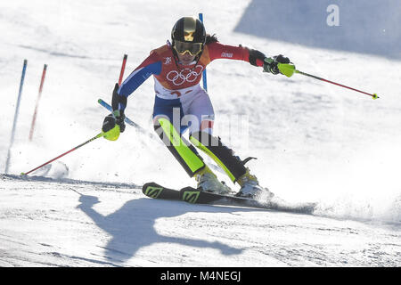 Febbraio 16, 2018: Nastasia Noens di Â Francia competere in womens finale in slalom a Yongpyong Alpine Center, Pyeongchang , Corea del Sud. Ulrik Pedersen/CSM Foto Stock