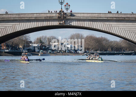 Putney, UK. Xvii Feb, 2018. Il 17 febbraio 2018. Boat Race fixture. Cambridge University donna Boat Club vs Università di Londra Boat Club. Come preparazione per il Cancer Research UK regate, Oxford e Cambridge club partecipano in un certo numero di partite contro altri club, canottaggio lo stesso corso Tideway come usato per il Boat Race. Credito: Duncan Grove/Alamy Live News Foto Stock