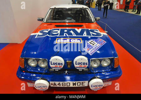 Londra, Regno Unito. Xvii Feb, 2018. Un 1983 Rover SD1 rally car in mostra al London Classic Car Show che si sta svolgendo a ExCel di Londra, Regno Unito. Più di 700 dei migliori posti al mondo per automobili classiche sono in esposizione presso lo show che vanno dal vintage pre-guerra tourer al moderno concetto di automobili. La mostra mette in circa 37.000 visitatori, che vanno dal grave teste di benzina per le persone che amano il bello e i veicoli classici. Foto Stock