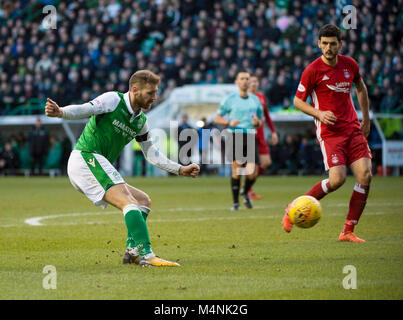 Edinburgh, Regno Unito. Xvii Feb, 2018. Premiership scozzese Hibernian v Aberdeen, Edimburgo, Midlothian, Regno Unito. 17,02, 2018. Pic mostra: durante la seconda metà Hibs riscontro, Martin Boyle, germogli Credito: Ian Jacobs/Alamy Live News Foto Stock