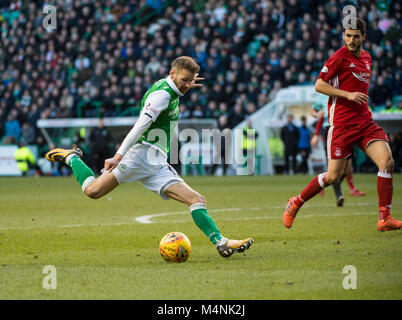 Edinburgh, Regno Unito. Xvii Feb, 2018. Premiership scozzese Hibernian v Aberdeen, Edimburgo, Midlothian, Regno Unito. 17,02, 2018. Pic mostra: durante la seconda metà Hibs riscontro, Martin Boyle, germogli. Credito: Ian Jacobs/Alamy Live News Foto Stock