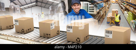 Immagine composita di scatole di cartone sulla linea di produzione Foto Stock