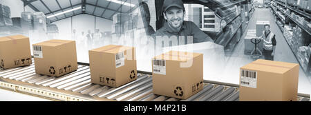 Immagine composita di scatole di cartone sulla linea di produzione Foto Stock