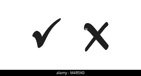 Casella di controllo elenco di icone tick e croce, segni neri isolati su sfondo bianco. Illustrazione Vettoriale Illustrazione Vettoriale