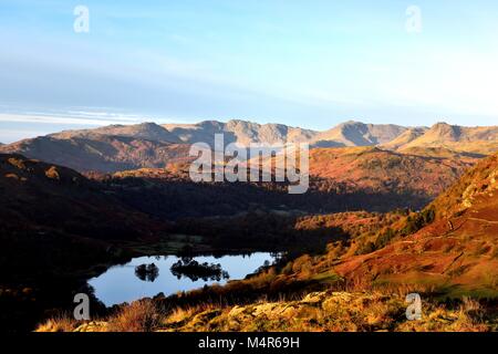 La mattina presto luce solare su The Langdale Fells Foto Stock