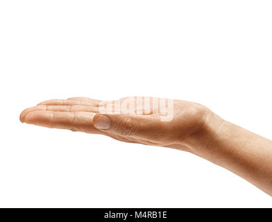 Mano d'uomo azienda aprire palm fino isolato su sfondo bianco. Palm, vicino. Alta risoluzione prodotto Foto Stock