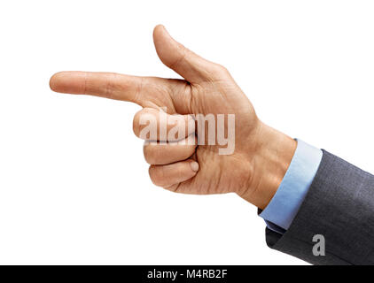 Mano d'uomo in tuta punti il dito a qualcosa di isolato su sfondo bianco. Alta risoluzione prodotto. Close up Foto Stock
