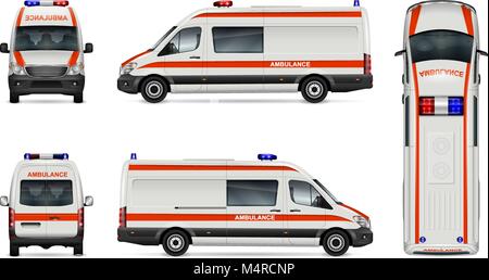 Ambulanza vettore mock-up. Modello di isolato di medico di van su bianco. Branding del veicolo mockup. Lato anteriore, posteriore, vista dall'alto. Facile da modificare. Illustrazione Vettoriale