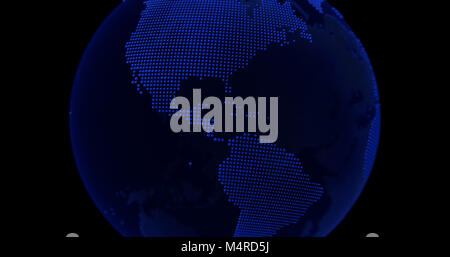 Punto Blu Globo mondo America del Nord e America del Sud mappa su sfondo scuro. Foto Stock