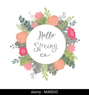 Scritte a mano disegno tipografico con una frase Ciao molla e fiore decorativo sullo sfondo. Illustrazione Vettoriale