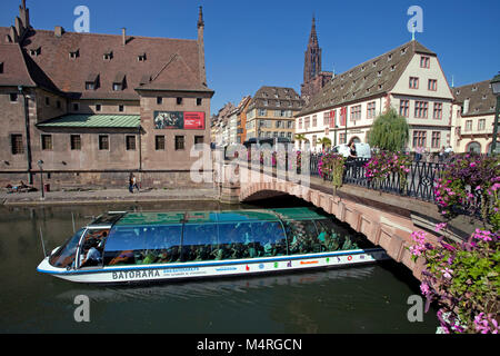 Gita in barca sul fiume Ill, Pont Corbeau con vista sulla vecchia casa del dazio e la cattedrale di Strasburgo, Alsazia, Bas-Rhin, Francia, Europa Foto Stock