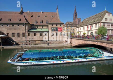 Gita in barca sul fiume Ill, Pont Corbeau con vista sulla vecchia casa del dazio e la cattedrale di Strasburgo, Alsazia, Bas-Rhin, Francia, Europa Foto Stock