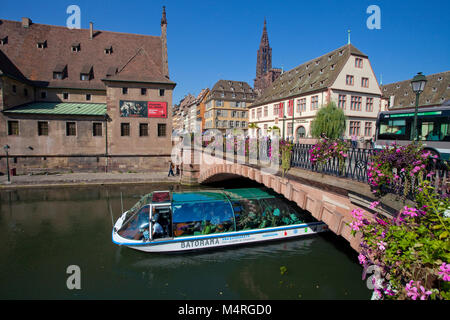 Gita in barca sul fiume Ill, Pont Corbeau con vista sulla vecchia casa del dazio e la cattedrale di Strasburgo, Alsazia, Bas-Rhin, Francia, Europa Foto Stock