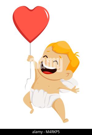 Il giorno di San Valentino biglietto di auguri con graziosi cupido trattenere aria palloncino a forma di cuore. Sorridente personaggio dei fumetti su sfondo bianco e scritto a mano lasciar Illustrazione Vettoriale