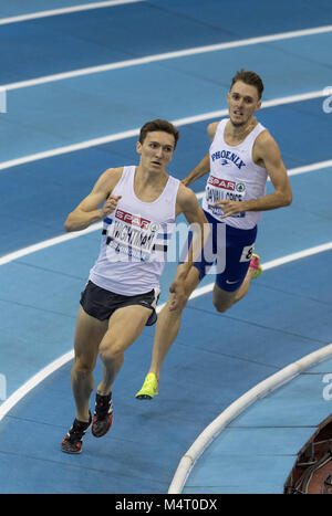 Birmingham, Regno Unito. Xvii Feb, 2018. SPAR British Indoor Athletics Championships, Birmingham Arena. Jake Wightman di Edimburgo AC vince la mens 1500 metri finale al Birmingham Arena in un tempo di 3:43.83. Charles Da'Vall Grice ha terminato secondo in un tempo di 3:44.57 © Andy Gutteridge/ immagine e eventi/ Alamy Live News Foto Stock