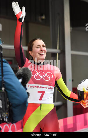 Jacqueline LOELLING (GER), giubilo, Freude, Begeisterung ueber Platz 2. Lo scheletro di donna,Frauen am 17.02.2018. Olympic Centre di scorrimento. Olympische Winterspiele 2018 vom 09.02. - 25.02.2018 in PyeongChang/ Suedkorea. |L'utilizzo in tutto il mondo Foto Stock