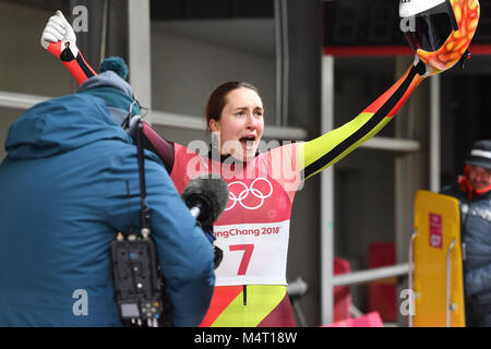 Jacqueline LOELLING (GER), giubilo, Freude, Begeisterung ueber Platz 2. Lo scheletro di donna,Frauen am 17.02.2018. Olympic Centre di scorrimento. Olympische Winterspiele 2018 vom 09.02. - 25.02.2018 in PyeongChang/ Suedkorea. |L'utilizzo in tutto il mondo Foto Stock