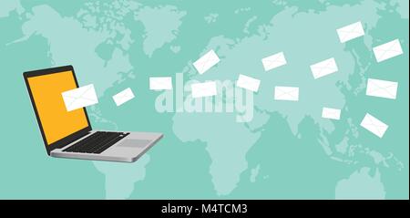 Concetto Newsletter illustrazione con notebook portatile e mail battenti la diffusione in tutto il mondo con la mappa come sfondo Illustrazione Vettoriale