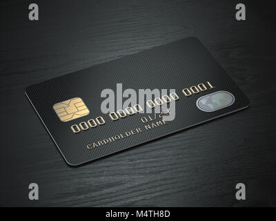 Bianco nero carte di credito mockup su legno nero lo sfondo della tabella. 3d illustrazione Foto Stock