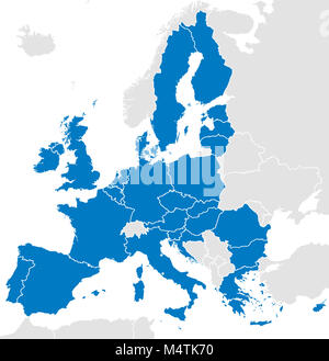 Paesi dell' Unione europea. Mappa politico con le frontiere. Tutti i 28 Stati membri dell'UE colorato in blu. Politica e unione economica in Europa. Foto Stock