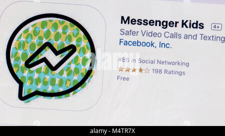 LONDON, Regno Unito - 18 febbraio 2018: Facebook Messenger logo bambini sullo schermo di un computer. Facebook Messenger kids è un social media chat app progettate per ch Foto Stock