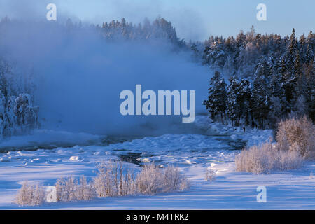 Fredda mattina nebbia sopra le rapide. Neve e boschi fino a Nord. Boccole. Foto Stock