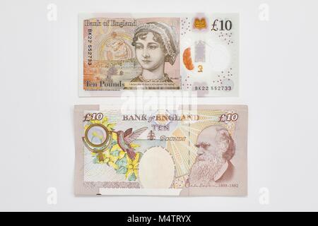 Nuovo dieci pound banconota dotate di Jane Austen e la vecchia ten pound banconota con Charles Darwin sul retro Foto Stock