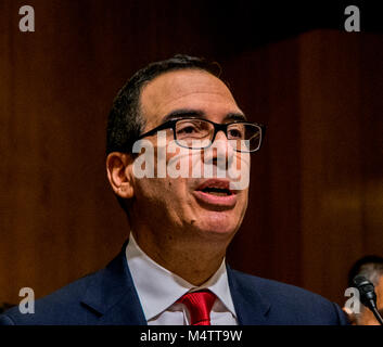 Waahington DC, Stati Uniti d'America, 18th, Gennaio, 2017 Steven Mnuchin testimonia davanti della Commissione delle finanze del Senato durante la sua audizione di conferma per la sua nomina da parte del presidente Donald Trump come segretario del Tesoro Foto Stock