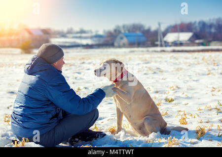 In inverno, un uomo e un cane a sedersi su una snowfield vicino al villaggio. Il Labrador retriever cane dà una zampa per il proprietario Foto Stock