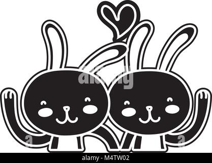 Silhouette di coniglio di bellezza coppia insieme con il cuore Illustrazione Vettoriale