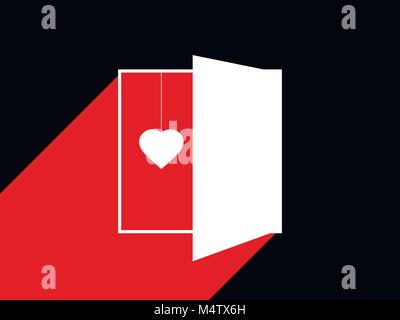 Cuore dietro la porta. La luce proveniente da una porta aperta. Design tipografici, il giorno di San Valentino. Illustrazione Vettoriale Illustrazione Vettoriale