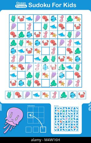 Ocean amici educational puzzle Sudoku per bambini con divertenti immagini di creature del mare Illustrazione Vettoriale