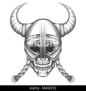 Cranio umano in Viking casco disegnato in stile di incisione. Illustrazione Vettoriale Illustrazione Vettoriale