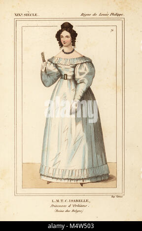 Louise di Orleans, Louise-Marie-Therese Isabelle, Principessa di Orleans, Regina dei Belgi 1812-1850. Litografia Handcolored da Le Bibliophile Jacob aka Paul Lacroix i costumi Historiques de la France (costumi storici della Francia), Amministrazione de Librairie, Parigi, 1852. Foto Stock