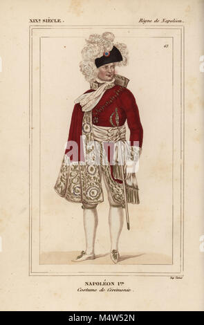 L'imperatore Napoleone Ist, in vesti cerimoniali, 1804. Litografia Handcolored da Le Bibliophile Jacob aka Paul Lacroix i costumi Historiques de la France (costumi storici della Francia), Amministrazione de Librairie, Parigi, 1852. Foto Stock