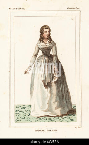 Madame Roland (Marie-Jeanne Phlippon Roland), rivoluzionario francese e Girondist 1754 - 1793. Litografia Handcolored da Le Bibliophile Jacob aka Paul Lacroix i costumi Historiques de la France (costumi storici della Francia), Amministrazione de Librairie, Parigi, 1852. Foto Stock