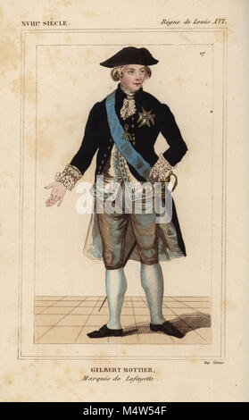 Gilbert du Motier Marchese de Lafayette 1757-1834. Costume di 1789. Litografia Handcolored da Le Bibliophile Jacob aka Paul Lacroix i costumi Historiques de la France (costumi storici della Francia), Amministrazione de Librairie, Parigi, 1852. Foto Stock