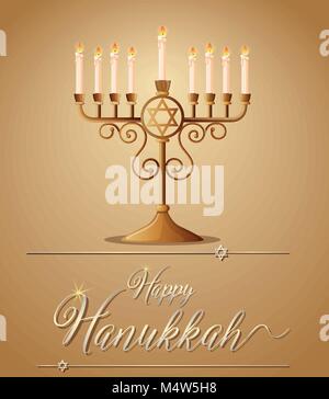 Happy Hanukkah con simbolo ebraico e illustrazione di luce Illustrazione Vettoriale