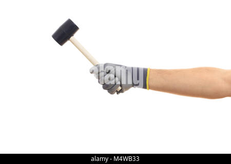 La mano guantata tenendo una gomma mer isolati su sfondo bianco Foto Stock