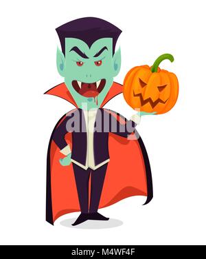 Halloween un invito o un biglietto di auguri. Funny vampire tenendo la zucca, Cartoon carino carattere. Illustrazione Vettoriale su sfondo bianco Illustrazione Vettoriale