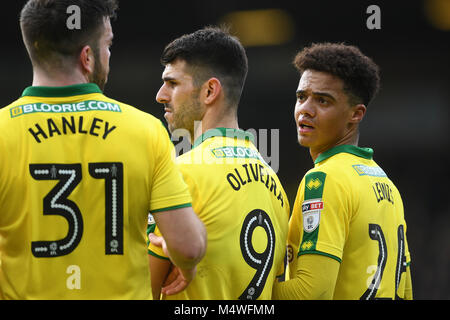 Norwich City's Jamal Lewis (destra) con compagni di squadra Nelson Oliveira (centro) e Grant Hanley durante il cielo di scommessa match del campionato a Carrow Road, Norwich Foto Stock