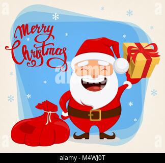 Christmas Santa Claus, divertente personaggio dei fumetti. Sorridente Santa sacco di contenimento con presenta e confezione regalo. Illustrazione Vettoriale. Illustrazione Vettoriale