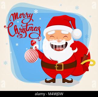 Santa Claus, divertente personaggio dei fumetti. Sorridente Santa sacco di contenimento con presenta e albero di Natale giocattolo. Illustrazione Vettoriale. Illustrazione Vettoriale