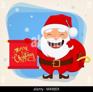 Christmas Santa Claus, divertente personaggio dei fumetti. Sorridente Santa sacco di contenimento con presenta e scorrere con i messaggi di saluto. Illustrazione Vettoriale. Illustrazione Vettoriale