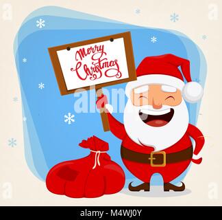 Christmas Santa Claus, divertente personaggio dei fumetti. Sorridente Santa sacco di contenimento con presenta e cartello con i messaggi di saluto. Illustrazione Vettoriale. Illustrazione Vettoriale