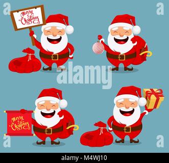 Christmas Santa Claus, divertente personaggio dei fumetti. Sorridente Santa sacco di contenimento con presenta. Set di quattro illustrazioni vettoriali. Illustrazione Vettoriale