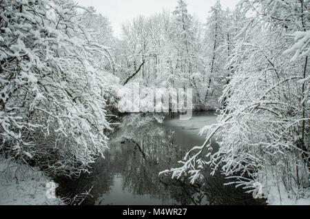 Monaco di Baviera, Germania. 18 Febbraio, 2018. Resti di una forte tempesta di neve il giorno prima come visto nel parco intorno a Monaco di Baviera Schloss Blutenburg. La gravità della caduta di neve non era stata prevista e la prossima settimana porterà brutale freddo per la città. Credito: Sachelle Babbar/ZUMA filo/Alamy Live News Foto Stock