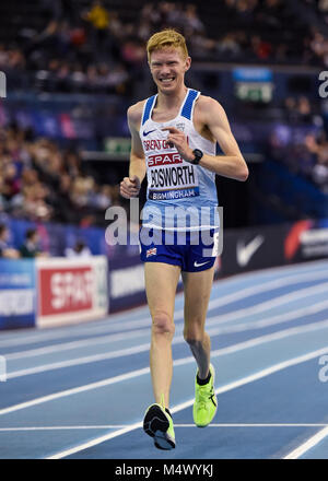 Birmingham, Regno Unito. 18 Febbraio, 2018. Tom Bosworth ha vinto l'uomo 5000m gara finale a piedi durante la SPAR British Indoor Athletics Championships 2018 all'Arena Birmingham domenica, 18 febbraio 2018. BIRMINGHAM INGHILTERRA. Credito: Taka Wu/Alamy Live News Foto Stock